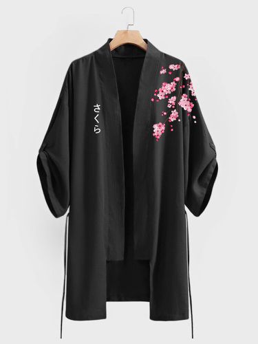 Mens Japanese Cherry Blossoms Print Open Front Loose Kimonos - ChArmkpR - Modalova