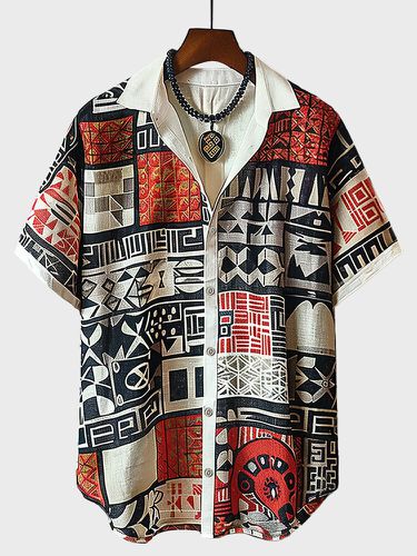 Mens Geometric Ethnic Pattern Casual Short Sleeve Shirts - ChArmkpR - Modalova