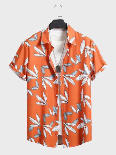 Mens Leaf Print Lapel Collar Casual Short Sleeve Shirts - ChArmkpR - Modalova