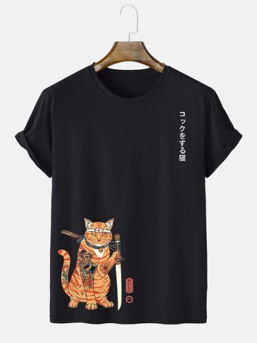 Camisetas de manga corta con estampado de guerrero japonés Gato para hombre Cuello - ChArmkpR - Modalova