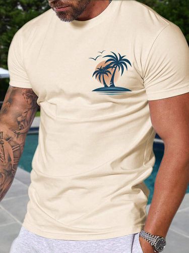Mens Coconut Tree Landscape Print Crew Neck Short Sleeve T-Shirts - ChArmkpR - Modalova