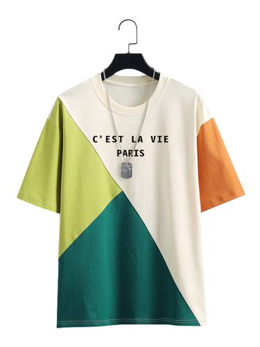 Mens Letter Print Color Block Patchwork Casual Short Sleeve T-Shirts - ChArmkpR - Modalova