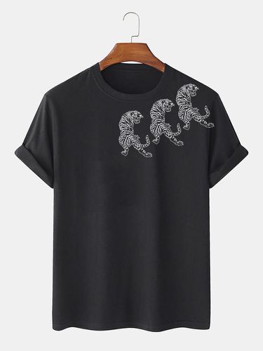 Mens Monochrome Chinese Tiger Print Crew Neck Short Sleeve T-Shirts - Newchic - Modalova