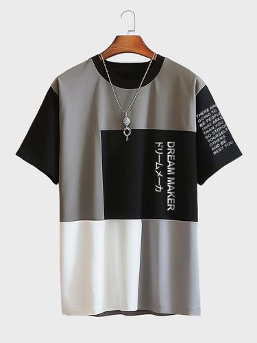 Mens Letter Print Color Block Patchwork Short Sleeve T-Shirts - ChArmkpR - Modalova