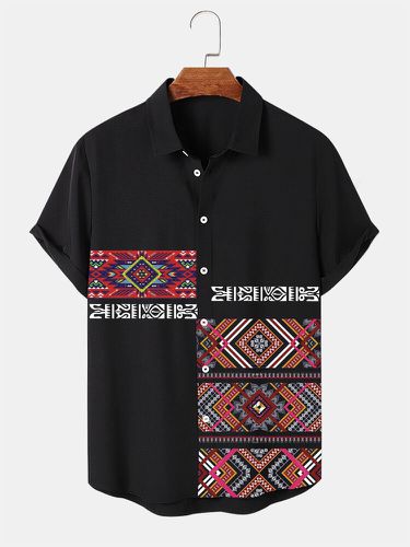 Mens Ethnic Geometric Print Patchwork Lapel Short Sleeve Shirts Winter - ChArmkpR - Modalova