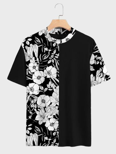 Mens Floral Print Patchwork Crew Neck Short Sleeve T-Shirts - ChArmkpR - Modalova