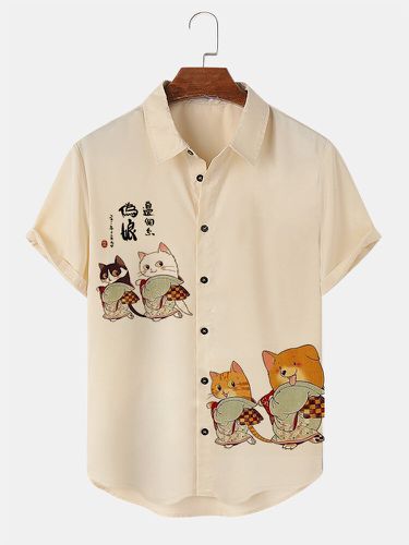 Mens Japanese Cartoon Cat Print Lapel Short Sleeve Shirts - ChArmkpR - Modalova