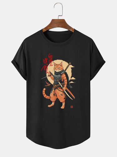 Mens Japanese Warrior Cat Print Curved Hem Short Sleeve T-Shirts Winter - ChArmkpR - Modalova