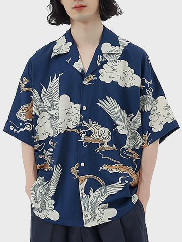Mens Japanese Element Print Revere Collar Short Sleeve Shirts - ChArmkpR - Modalova