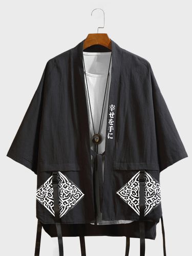 Mens Japanese Geometric Print Open Front Half Sleeve Kimono - ChArmkpR - Modalova