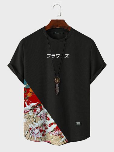 Camisetas de manga corta con patchwork y estampado de grullas florales japonesas para hombre - ChArmkpR - Modalova