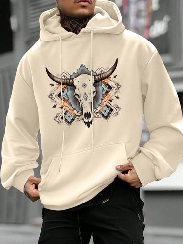 Sudaderas con capucha con bolsillo de canguro con estampado de cabeza de vaca geométrica étnica para hombre Invierno - ChArmkpR - Modalova