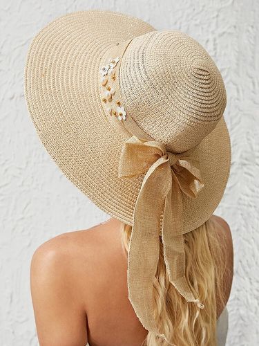 Verano de ala ancha para mujer Playa Paja de sombrilla con lazo de vacaciones Sombrero Cubo Sombrero - Newchic - Modalova