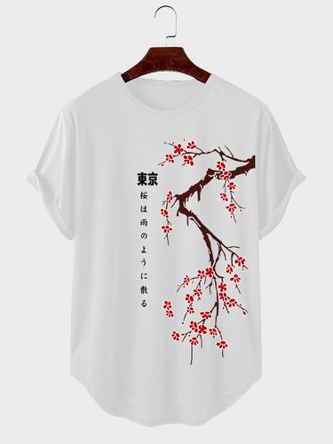 Camisetas de manga corta con dobladillo curvado y estampado de flores de cerezo japonés para hombre - ChArmkpR - Modalova