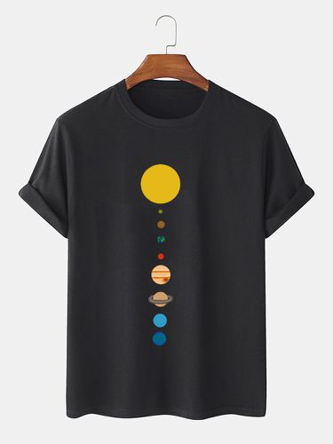 Mens 100% Cotton Cartoon Planet Print Solid Thin Loose O-Neck T-Shirt - ChArmkpR - Modalova