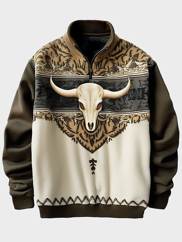 Mens Ethnic Cow Head Print Quarter Zip Fleece Pullover Sweatshirts Winter - ChArmkpR - Modalova