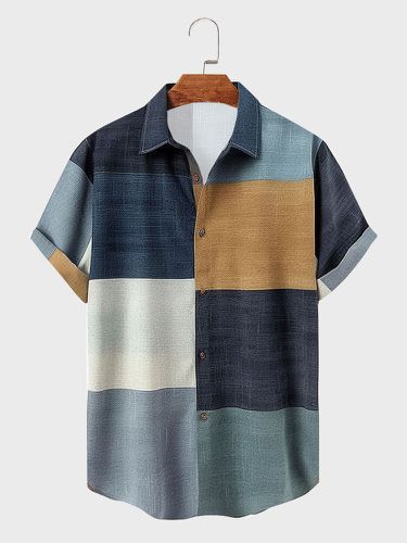 Camisas de manga corta con cuello de solapa y patchwork de bloques de color para hombre - ChArmkpR - Modalova