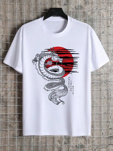 Mens Japanese Dragon Print Crew Neck Short Sleeve T-Shirts - ChArmkpR - Modalova