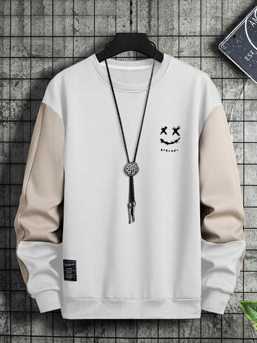 Mens Smile Face Print Contrast Patchwork Pullover Sweatshirts Winter - ChArmkpR - Modalova