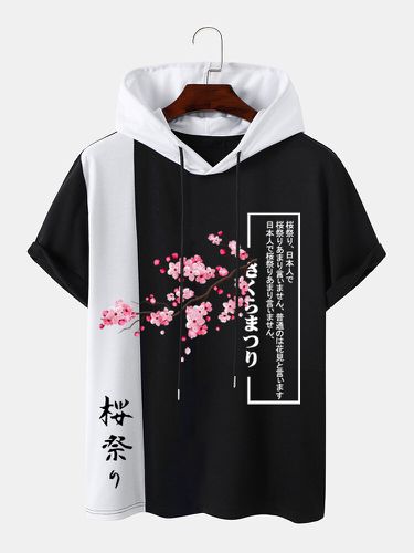 Mens Japanese Cherry Blossoms Print Patchwork Short Sleeve Hooded T-Shirts - ChArmkpR - Modalova