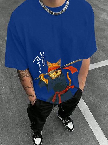 Mens Japanese Warrior Cat Print Crew Neck Short Sleeve T-Shirts - ChArmkpR - Modalova