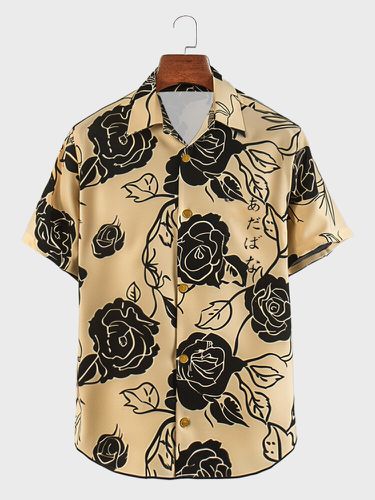 Mens Roses Print Lapel Collar Casual Short Sleeve Shirts - ChArmkpR - Modalova