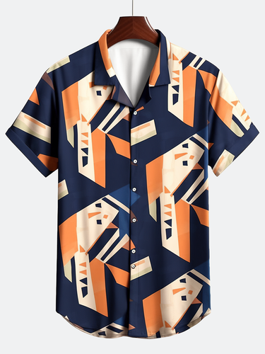 Mens Geometric Print Revere Collar Casual Short Sleeve Shirts - ChArmkpR - Modalova