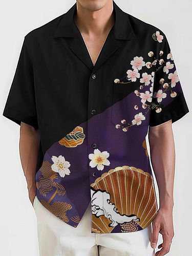 Mens Cherry Blossom Print Patchwork Casual Short Sleeve Shirts - ChArmkpR - Modalova
