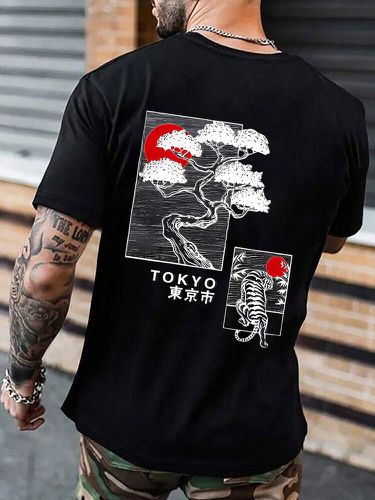 Mens Japanese Animal Landscape Print Crew Neck Short Sleeve T-Shirts - ChArmkpR - Modalova