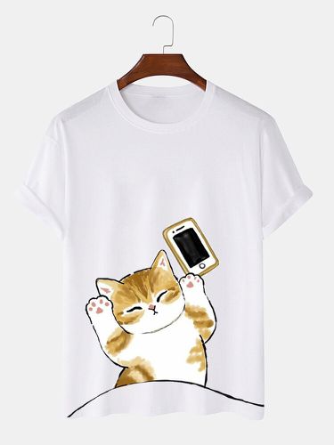 Mens Cartoon Cat Print Crew Neck Casual Short Sleeve T-Shirts - ChArmkpR - Modalova