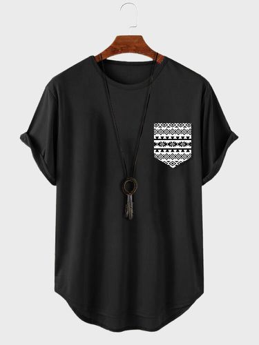 Camisetas de manga corta con dobladillo curvado y bolsillo en el pecho con estampado geométrico étnico para hombre - ChArmkpR - Modalova
