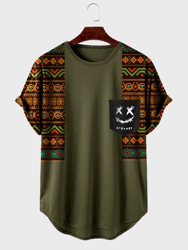 Mens Ethnic Geometric Smile Print Patchwork Curved Hem Short Sleeve T-Shirts - ChArmkpR - Modalova