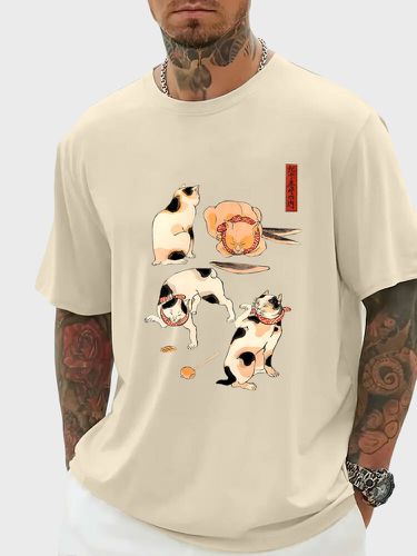 Mens Japanese Cartoon Cat Print Crew Neck Short Sleeve T-Shirts - ChArmkpR - Modalova