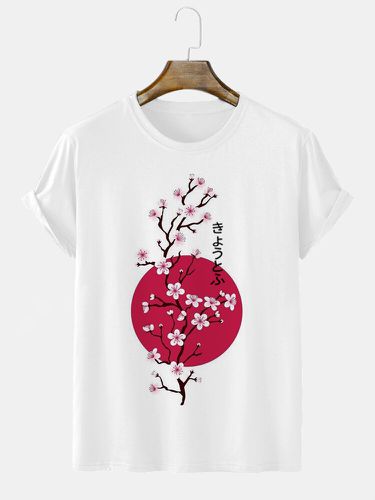 Mens Japanese Cherry Blossoms Print Crew Neck Short Sleeve T-Shirts - ChArmkpR - Modalova
