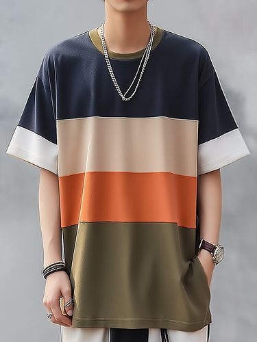 Mens Color Block Patchwork Casual Short Sleeve T-Shirts - ChArmkpR - Modalova
