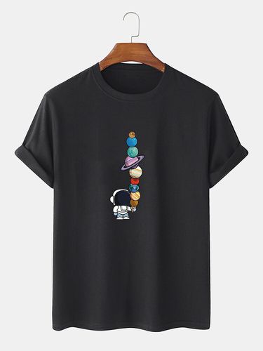 Mens 100% Cotton Solid Color Cartoon Astronaut Print Loose Thin T-Shirts - ChArmkpR - Modalova