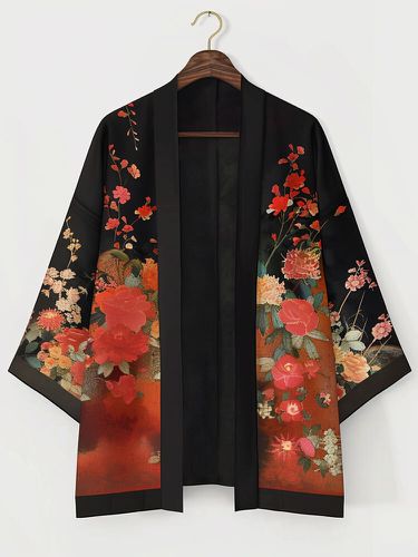 Mens Roses Print Open Front 3/4 Length Sleeve Kimono - ChArmkpR - Modalova