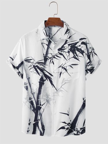 Mens Chinese Ink Bamboo Print Lapel Short Sleeve Shirts - ChArmkpR - Modalova