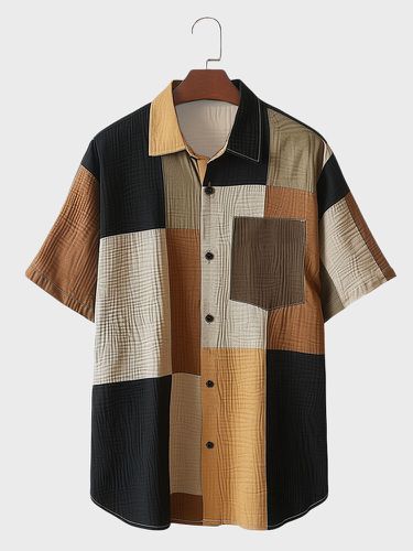 Mens Color Block Patchwork Chest Pocket Casual Short Sleeve Shirts - ChArmkpR - Modalova
