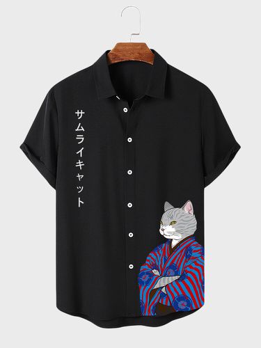 Mens Cartoon Japanese Cat Figure Print Lapel Short Sleeve Shirts - ChArmkpR - Modalova