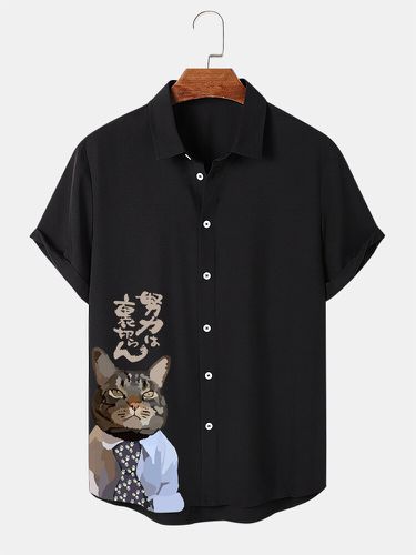 Mens Cartoon Cat Figure Print Button Up Short Sleeve Shirts Winter - ChArmkpR - Modalova