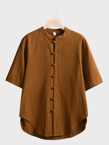 Mens Solid Asymmetrical Hem Casual Short Sleeve Shirts - ChArmkpR - Modalova