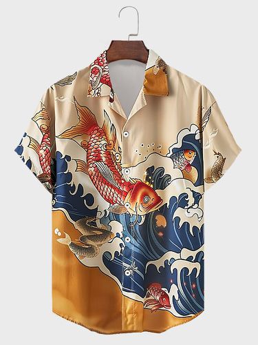 Mens Japanese Style Wave Carp Print Revere Collar Short Sleeve Shirts - ChArmkpR - Modalova