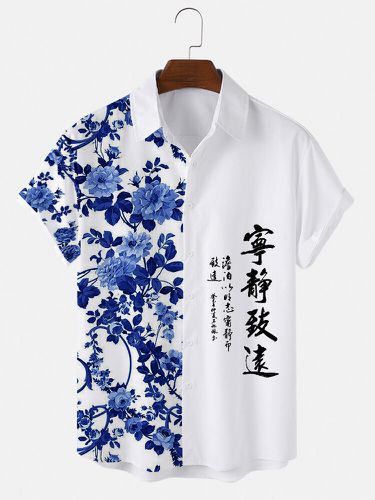 Camisas de manga corta con solapa y estampado de caracteres chinos de flores para hombre - ChArmkpR - Modalova