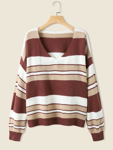 Suéter de manga larga con cuello en V y hombros caídos sueltos con rayas Ombre - Selfsow - Modalova