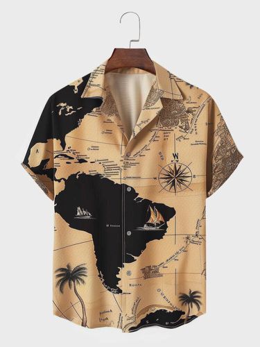 Mens Navigation Map Coconut Tree Print Revere Collar Short Sleeve Shirts - ChArmkpR - Modalova