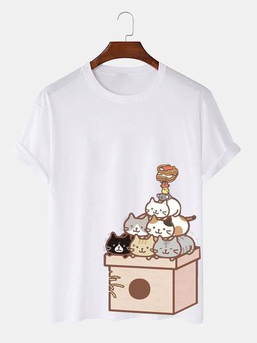 Mens Cartoon Cat Print Crew Neck Cute Short Sleeve T-Shirts - ChArmkpR - Modalova