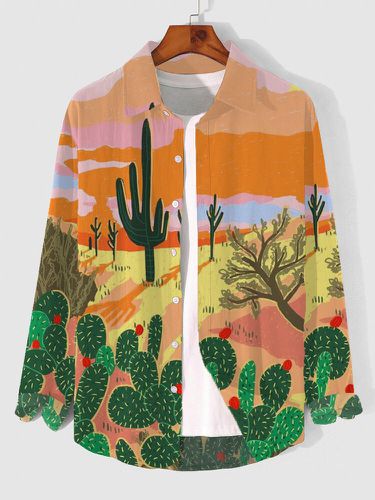 Mens Allover Cactus Landscape Print Lapel Long Sleeve Shirts Winter - ChArmkpR - Modalova