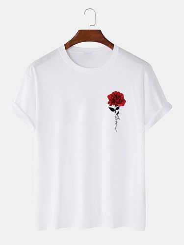 Camisetas de manga corta de algodón con estampado de flores rosas en el pecho para hombre - ChArmkpR - Modalova