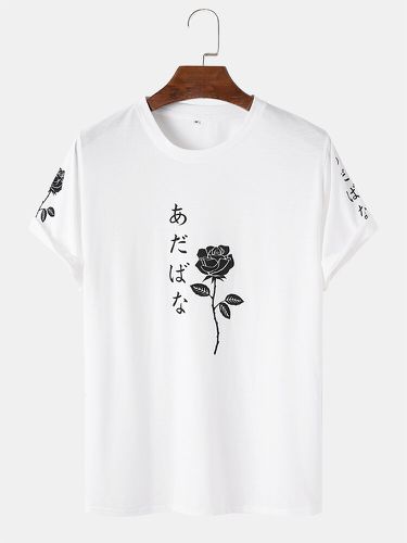 Mens Rose Pattern Japanese Characters Print Short Sleeve Street T-Shirts - ChArmkpR - Modalova